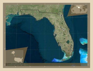 Florida, Amerika Birleşik Devletleri. Yüksek çözünürlüklü uydu. Bölgenin büyük şehirlerinin yerleri. Köşedeki yedek konum haritaları