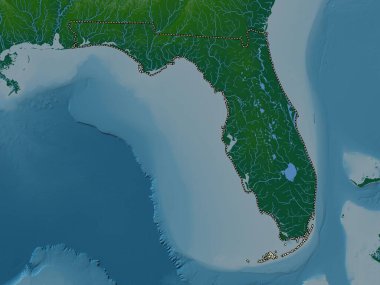 Florida, Amerika Birleşik Devletleri. Gölleri ve nehirleri olan renkli yükseklik haritası