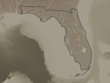 Florida, Amerika Birleşik Devletleri. Yükseklik haritası sepya tonlarında göller ve nehirlerle renklendirilmiş