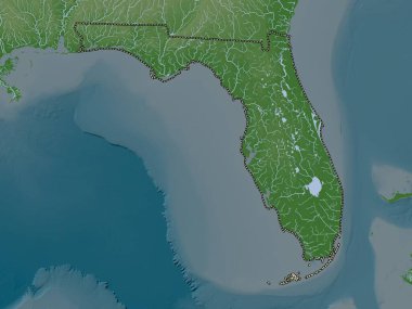 Florida, Amerika Birleşik Devletleri. Yükseklik haritası göller ve nehirlerle wiki stilinde renklendirilmiştir