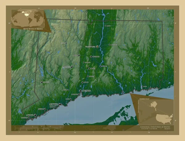 コネチカット州 アメリカ合衆国の州 湖や川と色の標高マップ 地域の主要都市の位置と名前 コーナー補助位置図 — ストック写真