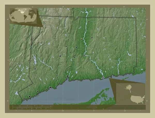 コネチカット州 アメリカ合衆国の州 湖や川とWikiスタイルで着色された標高マップ 地域の主要都市の場所 コーナー補助位置図 — ストック写真