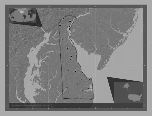 デラウェア州 アメリカ合衆国の州 湖や川と二階の標高マップ 地域の主要都市の場所 コーナー補助位置図 — ストック写真