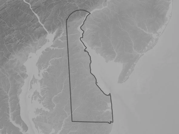 Delaware, state of United States of America. Grayscale elevation map with lakes and rivers