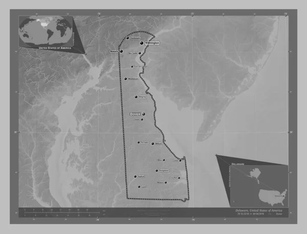 Delaware, state of United States of America. Grayscale elevation map with lakes and rivers. Locations and names of major cities of the region. Corner auxiliary location maps