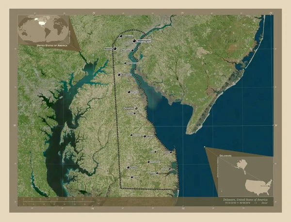 美利坚合众国特拉华州特拉华州 高分辨率卫星地图 该区域主要城市的地点和名称 角辅助位置图 — 图库照片