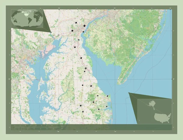 Delaware Stan Stany Zjednoczone Ameryki Otwórz Mapę Ulic Lokalizacje Dużych — Zdjęcie stockowe