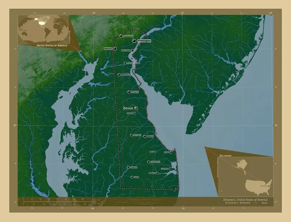 美利坚合众国特拉华州特拉华州 有湖泊和河流的彩色高程图 该区域主要城市的地点和名称 角辅助位置图 — 图库照片