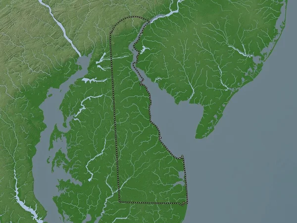 Delaware, state of United States of America. Elevation map colored in wiki style with lakes and rivers