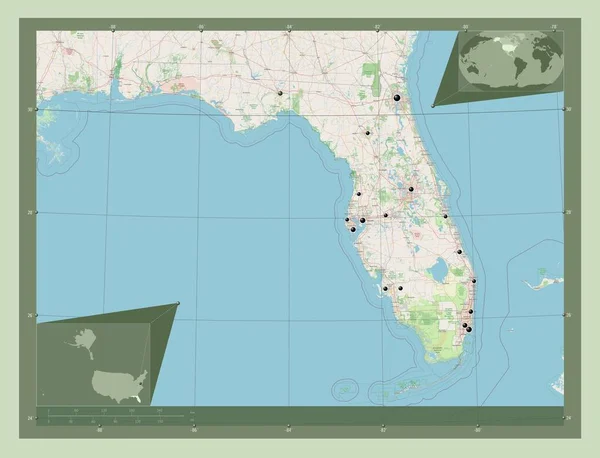 佛罗里达州 美利坚合众国的一个州 开放街道地图 该区域主要城市的所在地点 角辅助位置图 — 图库照片