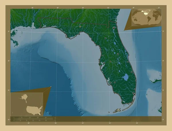 フロリダ州 アメリカ合衆国の州 湖や川と色の標高マップ 地域の主要都市の場所 コーナー補助位置図 — ストック写真