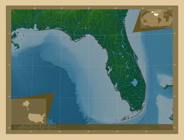 フロリダ州 アメリカ合衆国の州 湖や川と色の標高マップ コーナー補助位置図 — ストック写真