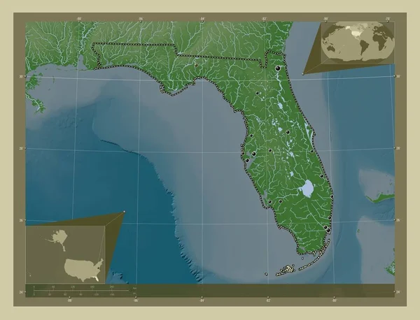 佛罗里达州 美利坚合众国的一个州 用Wiki风格绘制的带有湖泊和河流的高程地图 该区域主要城市的所在地点 角辅助位置图 — 图库照片