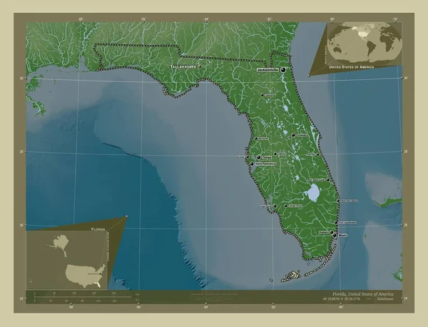 佛罗里达州 美利坚合众国的一个州 用Wiki风格绘制的带有湖泊和河流的高程地图 该区域主要城市的地点和名称 角辅助位置图 — 图库照片