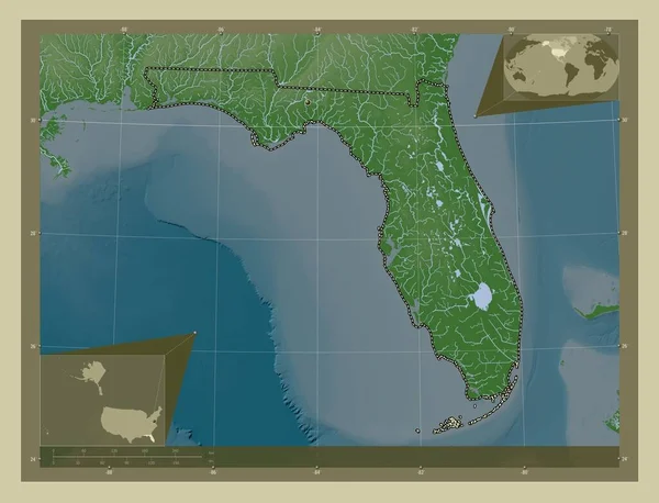 佛罗里达州 美利坚合众国的一个州 用Wiki风格绘制的带有湖泊和河流的高程地图 角辅助位置图 — 图库照片