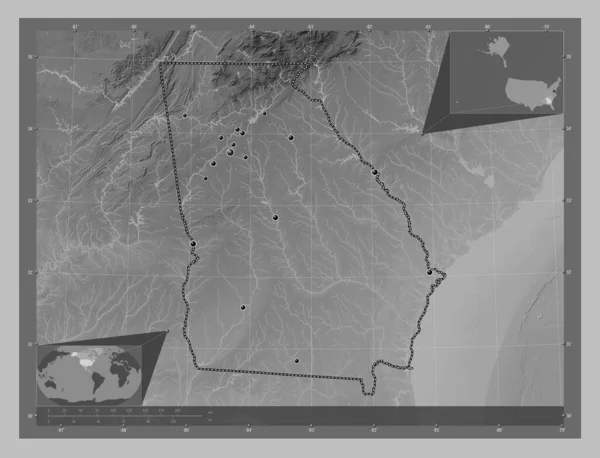 Georgia, state of United States of America. Grayscale elevation map with lakes and rivers. Locations of major cities of the region. Corner auxiliary location maps