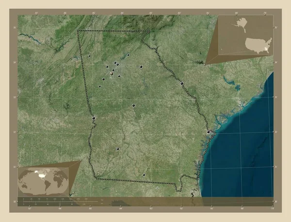 格鲁吉亚 美利坚合众国的一个州 高分辨率卫星地图 该区域主要城市的所在地点 角辅助位置图 — 图库照片