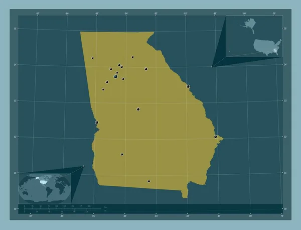 ジョージア州 アメリカ合衆国の州 しっかりした色の形 地域の主要都市の場所 コーナー補助位置図 — ストック写真