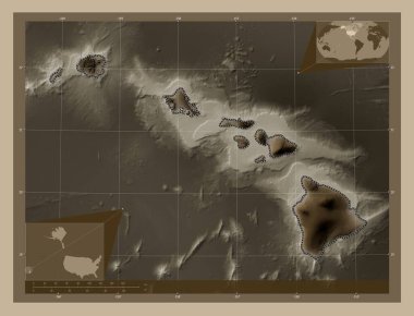 Hawaii, Amerika Birleşik Devletleri. Yükseklik haritası sepya tonlarında göller ve nehirlerle renklendirilmiş. Köşedeki yedek konum haritaları