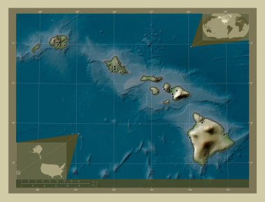 Hawaii, Amerika Birleşik Devletleri. Yükseklik haritası göller ve nehirlerle wiki tarzında renklendirilmiş. Bölgenin büyük şehirlerinin yerleri. Köşedeki yedek konum haritaları