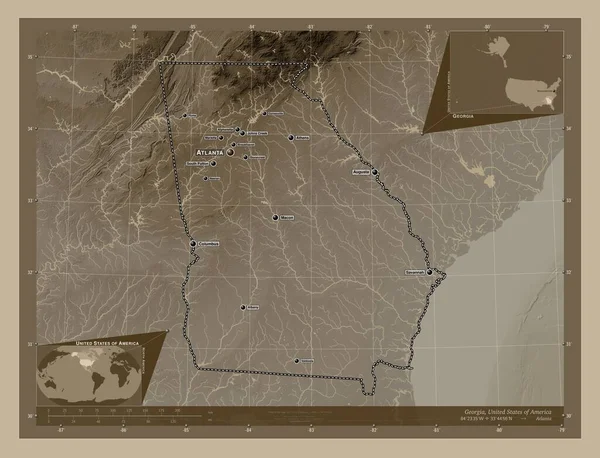 Georgia, state of United States of America. Elevation map colored in sepia tones with lakes and rivers. Locations and names of major cities of the region. Corner auxiliary location maps