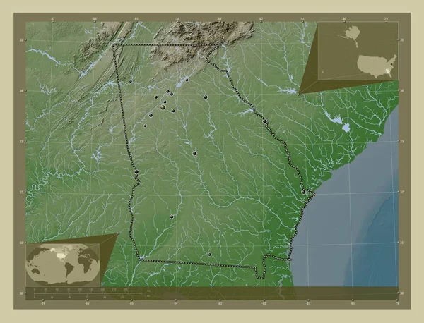 格鲁吉亚 美利坚合众国的一个州 用Wiki风格绘制的带有湖泊和河流的高程地图 该区域主要城市的所在地点 角辅助位置图 — 图库照片