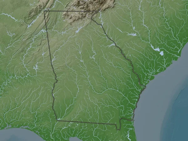 Georgia, state of United States of America. Elevation map colored in wiki style with lakes and rivers