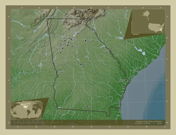ジョージア州 アメリカ合衆国の州 湖や川とWikiスタイルで着色された標高マップ 地域の主要都市の位置と名前 コーナー補助位置図 — ストック写真