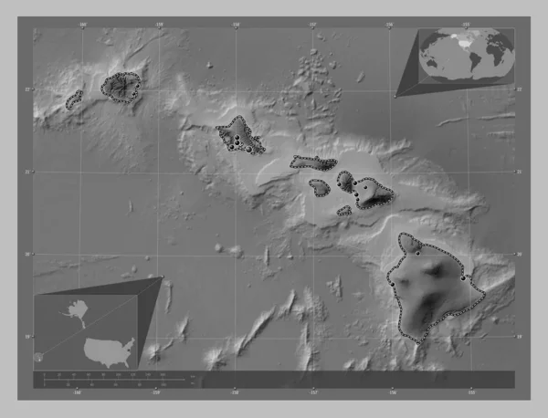 Гаваї Штат Сша Граймасштабна Мапа Висот Озерами Річками Розташування Великих — стокове фото