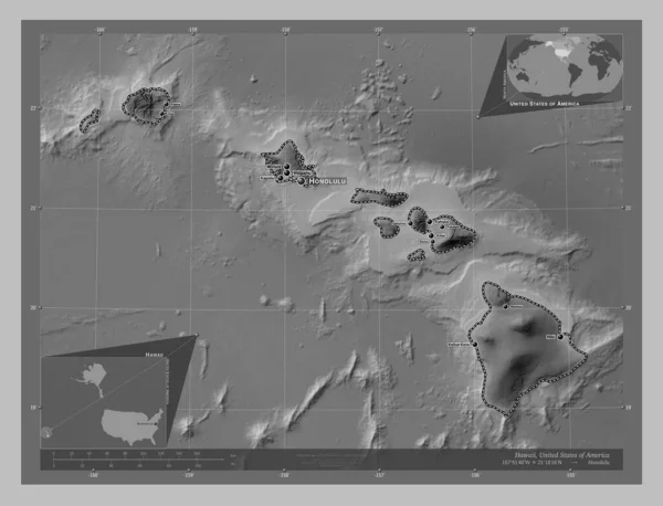 Гавайи Штат Соединенные Штаты Америки Карта Высот Оттенках Серого Озерами — стоковое фото
