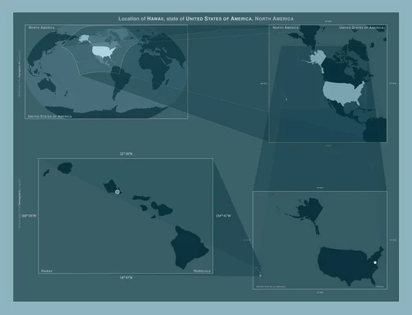 Hawaje Stan Stany Zjednoczone Ameryki Schemat Przedstawiający Położenie Regionu Mapach — Zdjęcie stockowe