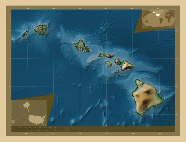 Hawaje Stan Stany Zjednoczone Ameryki Kolorowa Mapa Wzniesień Jeziorami Rzekami — Zdjęcie stockowe