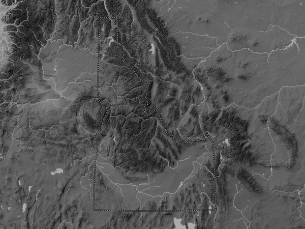 Idaho, state of United States of America. Grayscale elevation map with lakes and rivers