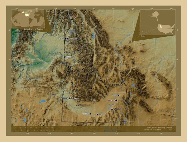Idaho, state of United States of America. Colored elevation map with lakes and rivers. Locations and names of major cities of the region. Corner auxiliary location maps