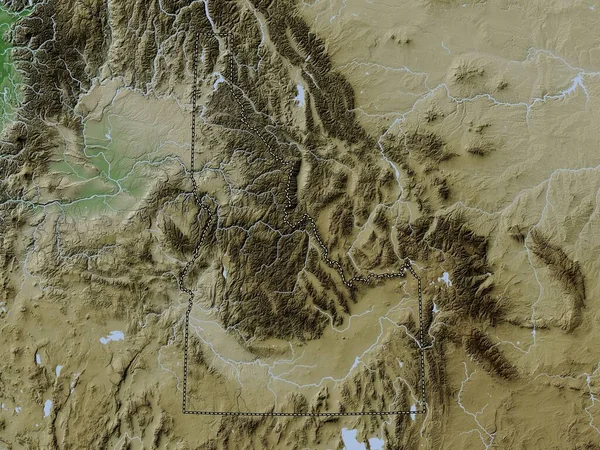 Idaho, state of United States of America. Elevation map colored in wiki style with lakes and rivers