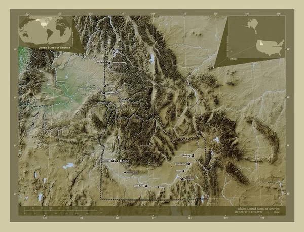 Idaho, state of United States of America. Elevation map colored in wiki style with lakes and rivers. Locations and names of major cities of the region. Corner auxiliary location maps