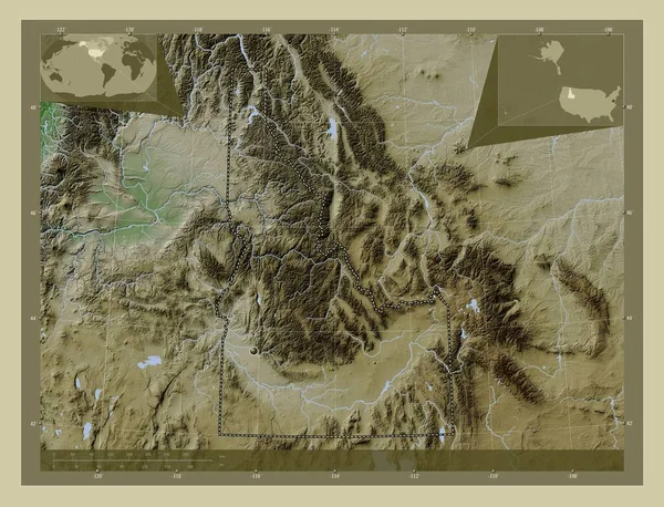 Idaho, state of United States of America. Elevation map colored in wiki style with lakes and rivers. Corner auxiliary location maps
