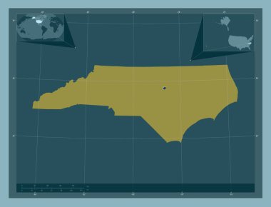 Kuzey Carolina, Amerika Birleşik Devletleri. Katı renk şekli. Köşedeki yedek konum haritaları