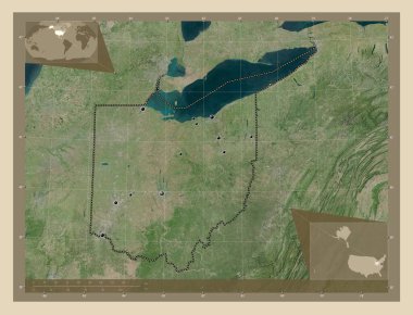 Ohio, Amerika Birleşik Devletleri. Yüksek çözünürlüklü uydu. Bölgenin büyük şehirlerinin yerleri. Köşedeki yedek konum haritaları