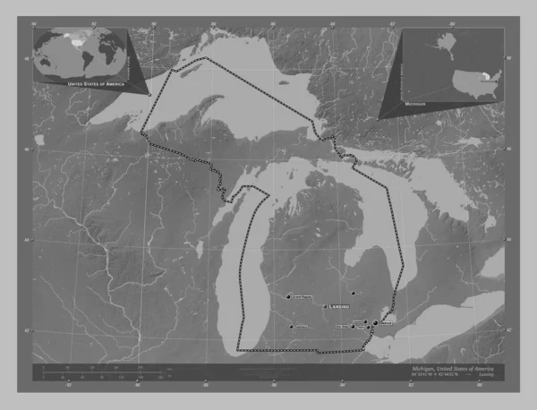 Michigan State United States America Grayscale Elevation Map Lakes Rivers — Stock Photo, Image