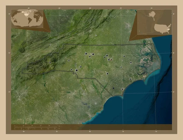 ノースカロライナ州 アメリカ合衆国の州 低解像度衛星地図 地域の主要都市の場所 コーナー補助位置図 — ストック写真