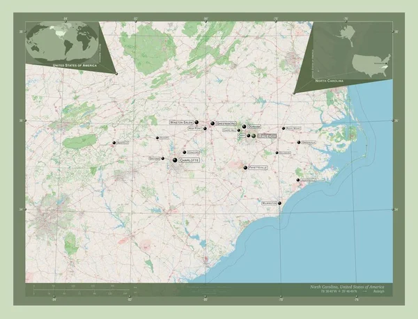 美国北卡罗莱纳州 North Carolina State America 开放街道地图 该区域主要城市的地点和名称 角辅助位置图 — 图库照片