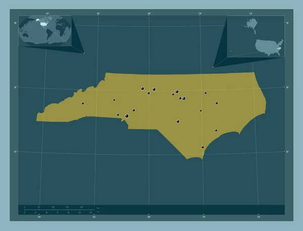 美国北卡罗莱纳州 North Carolina State America 固体的颜色形状 该区域主要城市的所在地点 角辅助位置图 — 图库照片