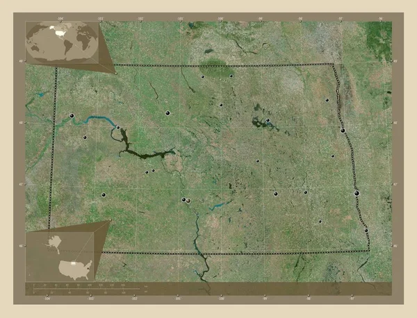ノースダコタ州 アメリカ合衆国の州 高解像度衛星地図 地域の主要都市の場所 コーナー補助位置図 — ストック写真
