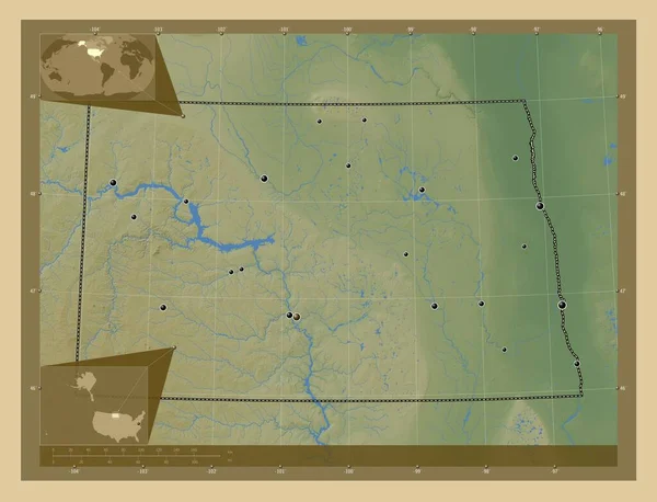 Północna Dakota Stan Stany Zjednoczone Ameryki Kolorowa Mapa Wzniesień Jeziorami — Zdjęcie stockowe