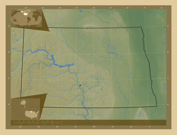 Północna Dakota Stan Stany Zjednoczone Ameryki Kolorowa Mapa Wzniesień Jeziorami — Zdjęcie stockowe