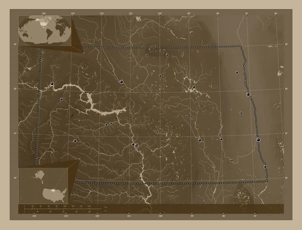 Północna Dakota Stan Stany Zjednoczone Ameryki Mapa Elewacji Kolorowe Sepia — Zdjęcie stockowe