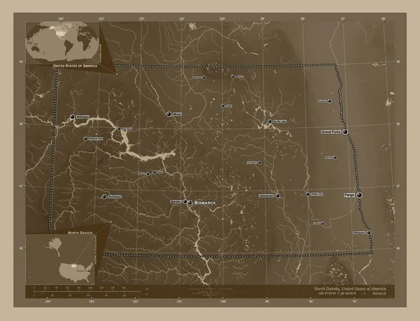 Észak Dakota Amerikai Egyesült Államok Magassági Térkép Színes Szépia Tónusok — Stock Fotó
