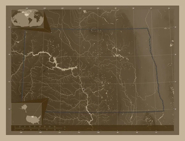 Северная Дакота Штат Соединенные Штаты Америки Карта Высоты Окрашенная Сепиевые — стоковое фото