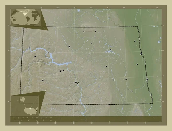 美国北达科他州 用Wiki风格绘制的带有湖泊和河流的高程地图 该区域主要城市的所在地点 角辅助位置图 — 图库照片